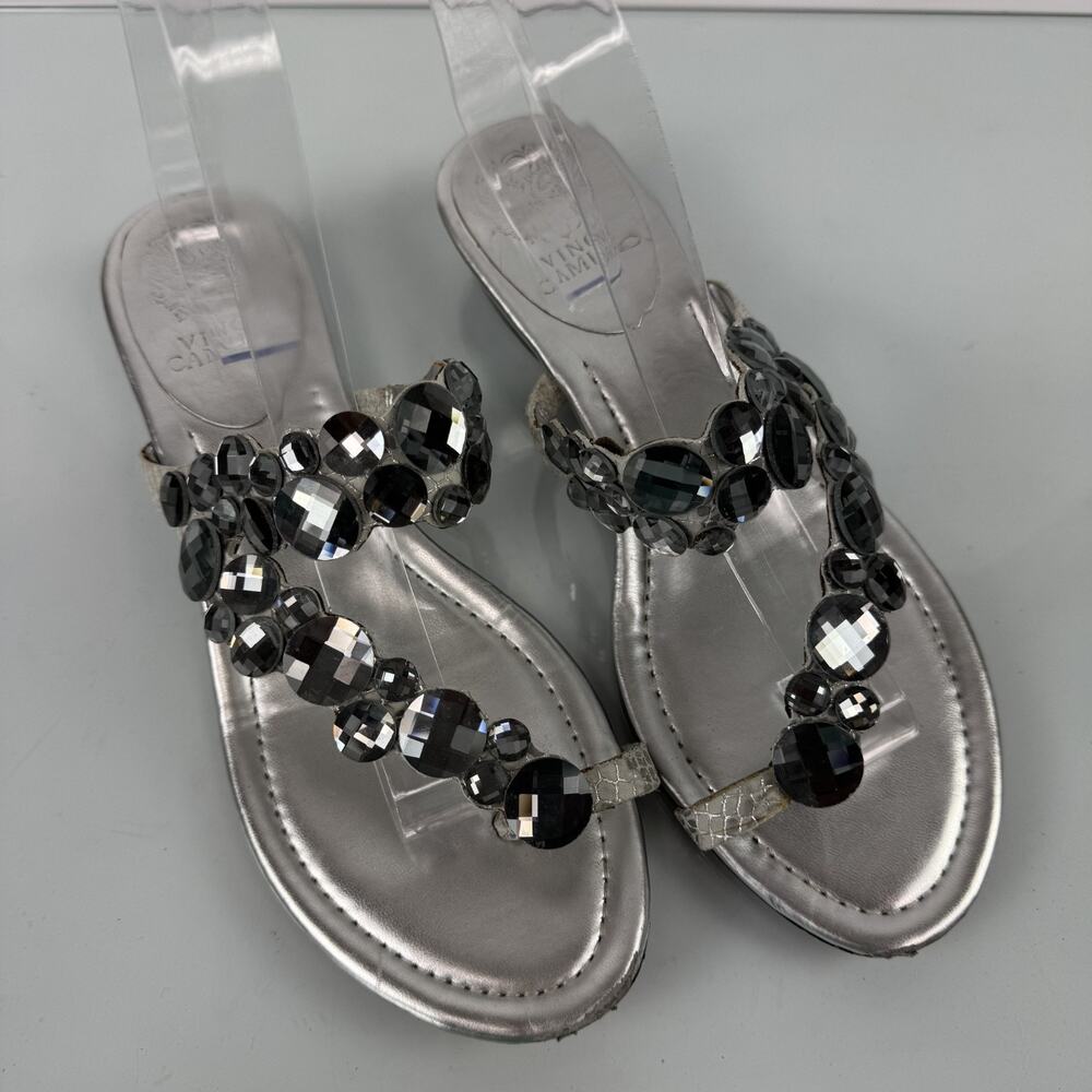 Vince Camuto Sandals Women's Silver Jeweled Crystals Thong Toe Loop Wedge Size 8